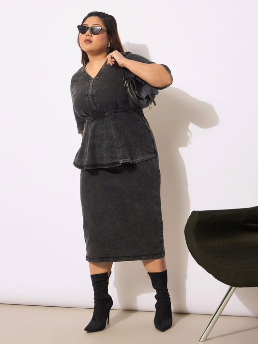 Women Black Denim V Neck Front Peplum Dress