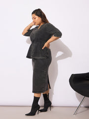 Women Black Denim V Neck Front Peplum Dress