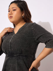 Women Black Denim V Neck Front Peplum Dress