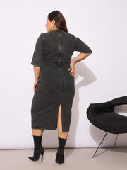 Women Black Denim V Neck Front Peplum Dress