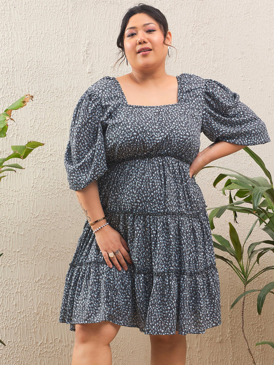 Women Grey Animal Print Short Tired Dress