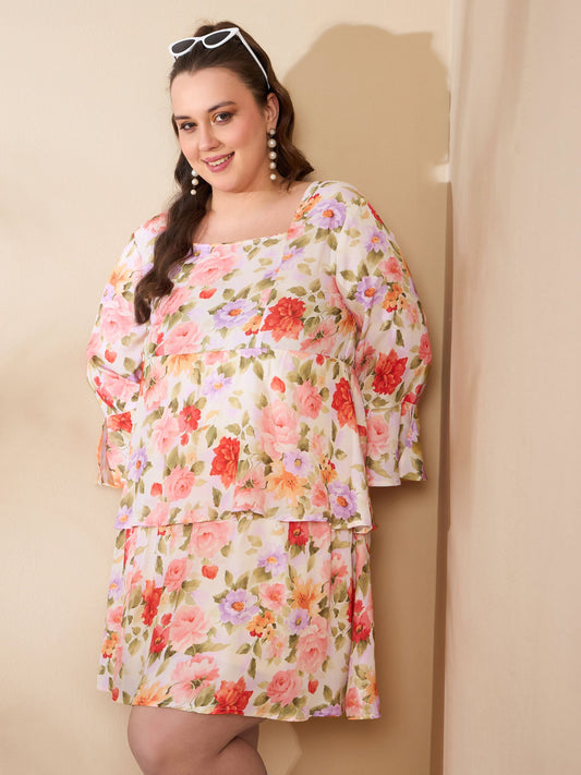 Women Beige Floral Full Sleeves Short Dress