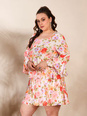 Women Beige Floral Full Sleeves Short Dress