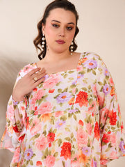 Women Beige Floral Full Sleeves Short Dress