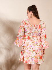 Women Beige Floral Full Sleeves Short Dress