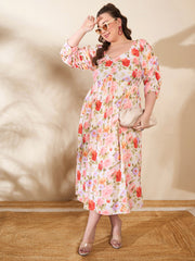 Women Beige Floral Rouching Sleeves Midi Dress