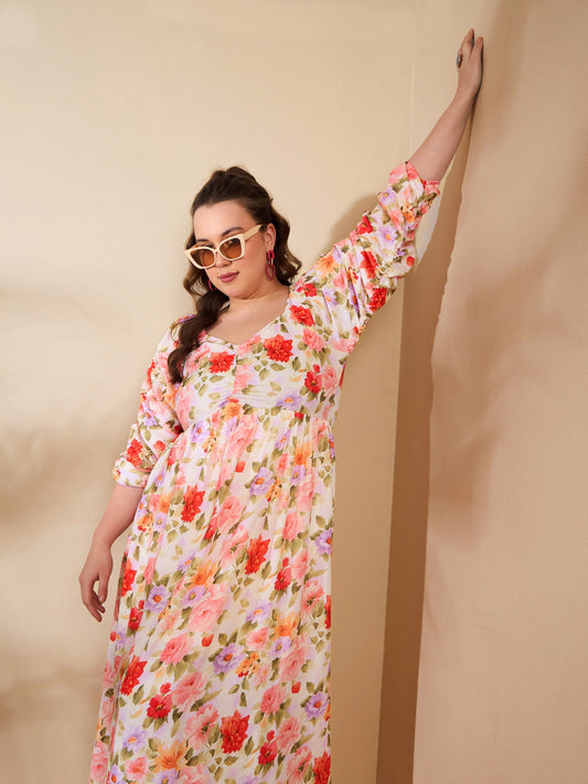 Women Beige Floral Rouching Sleeves Midi Dress