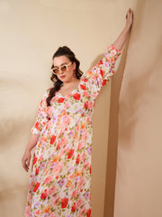 Women Beige Floral Rouching Sleeves Midi Dress