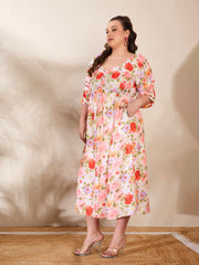 Women Beige Floral Rouching Sleeves Midi Dress