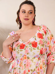 Women Beige Floral Rouching Sleeves Midi Dress