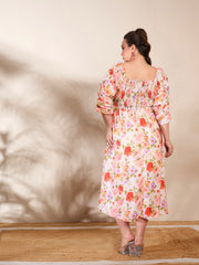 Women Beige Floral Rouching Sleeves Midi Dress