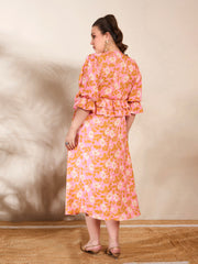 Women Pink Floral Peplum Detail Midi Dress