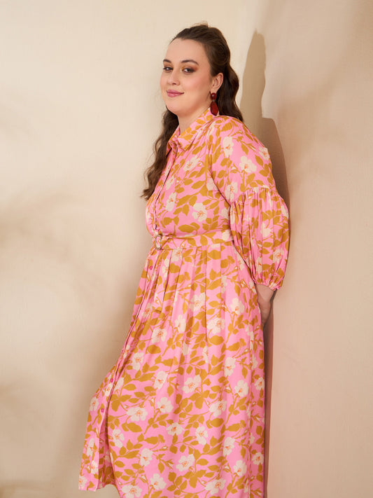 Women Pink Floral Collar Neck Midi Dress