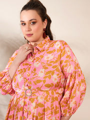 Women Pink Floral Collar Neck Midi Dress