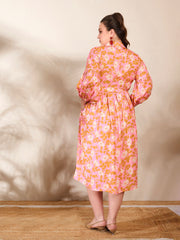 Women Pink Floral Collar Neck Midi Dress