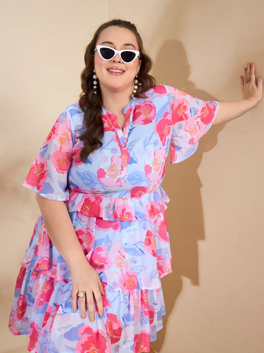 Women Blue Floral Tired Knee Length Dress