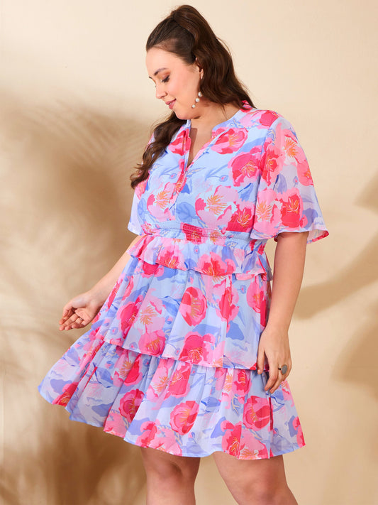 Women Blue Floral Tired Knee Length Dress