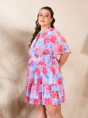 Women Blue Floral Tired Knee Length Dress