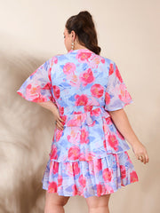 Women Blue Floral Tired Knee Length Dress