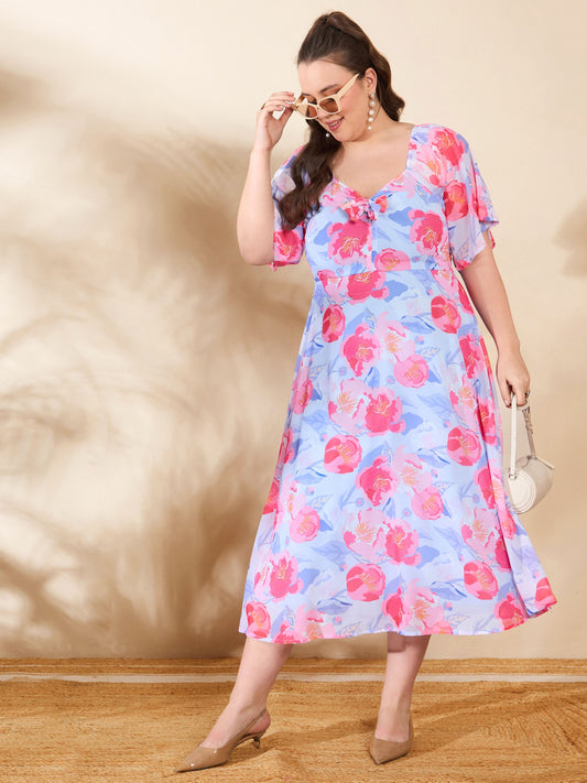 Women Blue Floral Front Tie Up Detail Midi Dress
