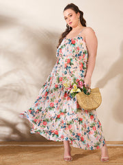 Women Beige Floral Strappy Tired Maxi Dress