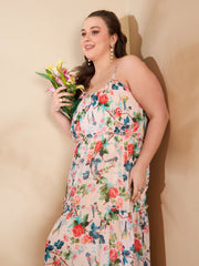 Women Beige Floral Strappy Tired Maxi Dress