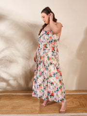 Women Beige Floral Strappy Tired Maxi Dress