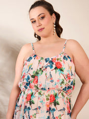 Women Beige Floral Strappy Tired Maxi Dress