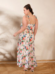 Women Beige Floral Strappy Tired Maxi Dress