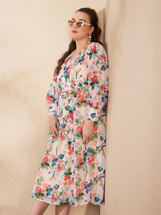 Women Beige Floral Frill Neck Midi Dress