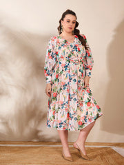 Women Beige Floral Frill Neck Midi Dress
