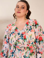 Women Beige Floral Frill Neck Midi Dress