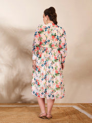Women Beige Floral Frill Neck Midi Dress