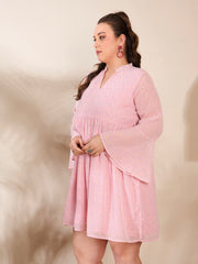 Women Pink Ditsy Floral V Neck Knee Length Dress