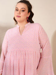 Women Pink Ditsy Floral V Neck Knee Length Dress