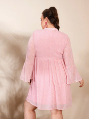 Women Pink Ditsy Floral V Neck Knee Length Dress