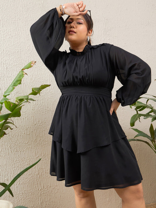 Women Black Solid Frill Neck Short Dress