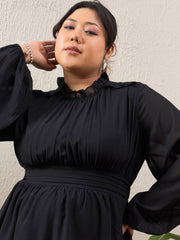 Women Black Solid Frill Neck Short Dress