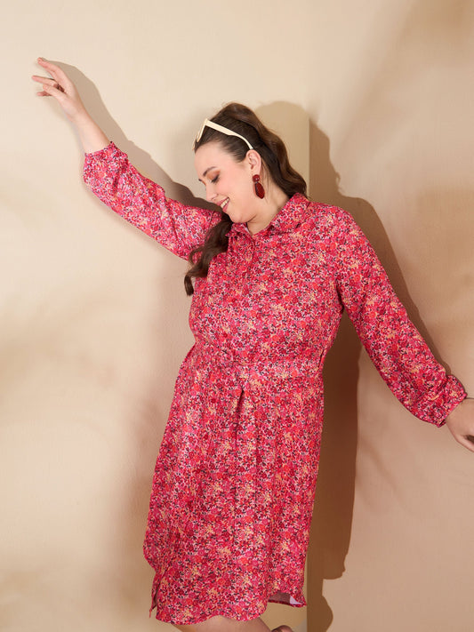 Women Red Floral Knee Length Shirt Dress