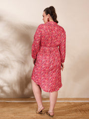 Women Red Floral Knee Length Shirt Dress