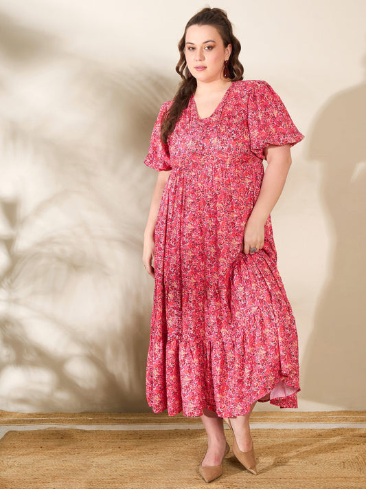 Women Red Floral V Neck Maxi Dress
