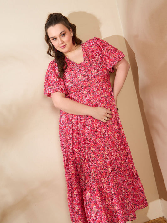 Women Red Floral V Neck Maxi Dress