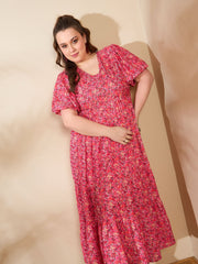 Women Red Floral V Neck Maxi Dress