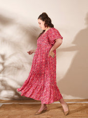 Women Red Floral V Neck Maxi Dress