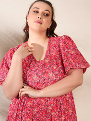Women Red Floral V Neck Maxi Dress