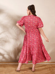 Women Red Floral V Neck Maxi Dress