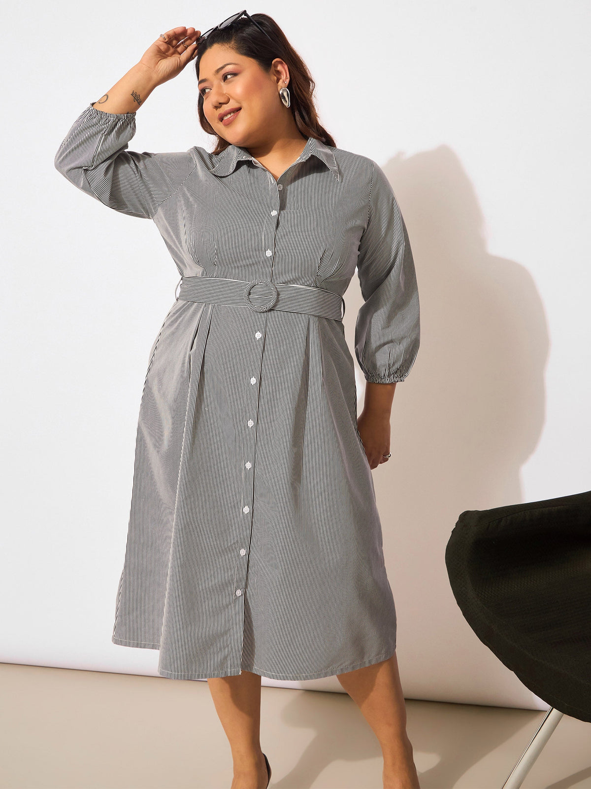 Women White & Black Pinstripes Belted Midi Shirt Dress
