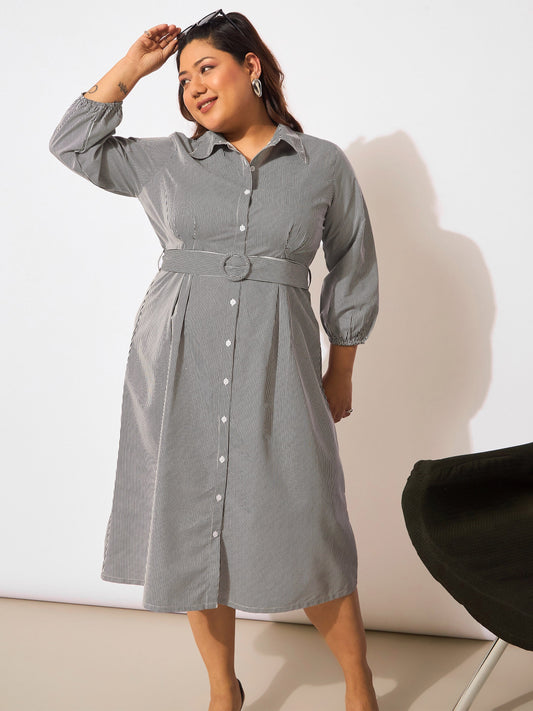 Women White & Black Pinstripes Belted Midi Shirt Dress