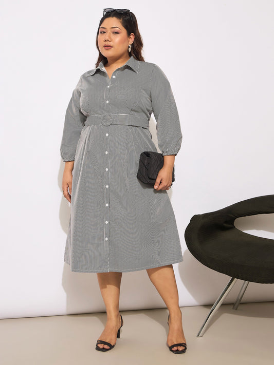 Women White & Black Pinstripes Belted Midi Shirt Dress