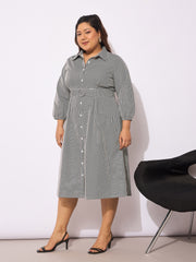 Women White & Black Pinstripes Belted Midi Shirt Dress